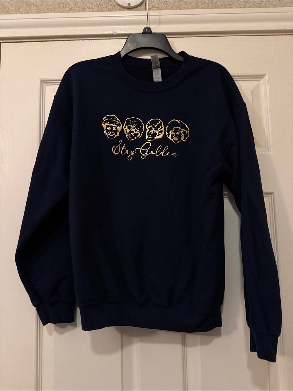 Gildan Navy Crewneck Sweatshirt with Gold “Stay Golden” Golden Girls graphic